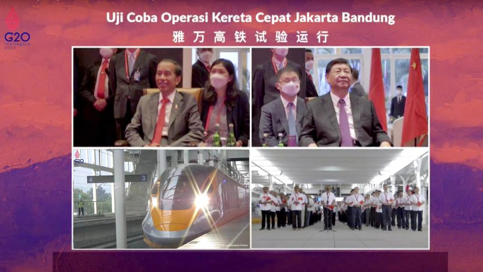 This video grab shows Chinese President Xi Jinping and Indonesian President Joko Widodo watching together via video the operational trial of Jakarta-Bandung High-Speed Railway in Bali, Indonesia, November 16, 2022. /Xinhua