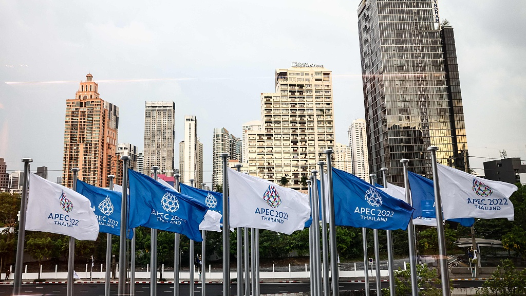 APEC flags are seen outside the venue during the 29th Asia-Pacific Economic Cooperation (APEC) Economic Leaders' Meeting in Bangkok, Thailand, November 18, 2022. /CFP