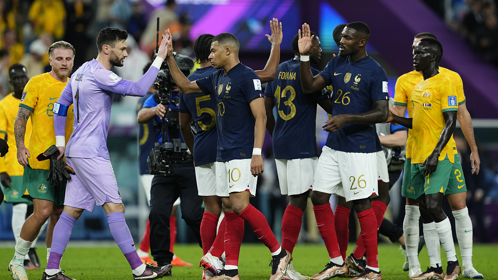French players celebrate after winning over Team Australia in a World Cup Group D match in Al Wakrah, Qatar, November 22, 2022. /CFP