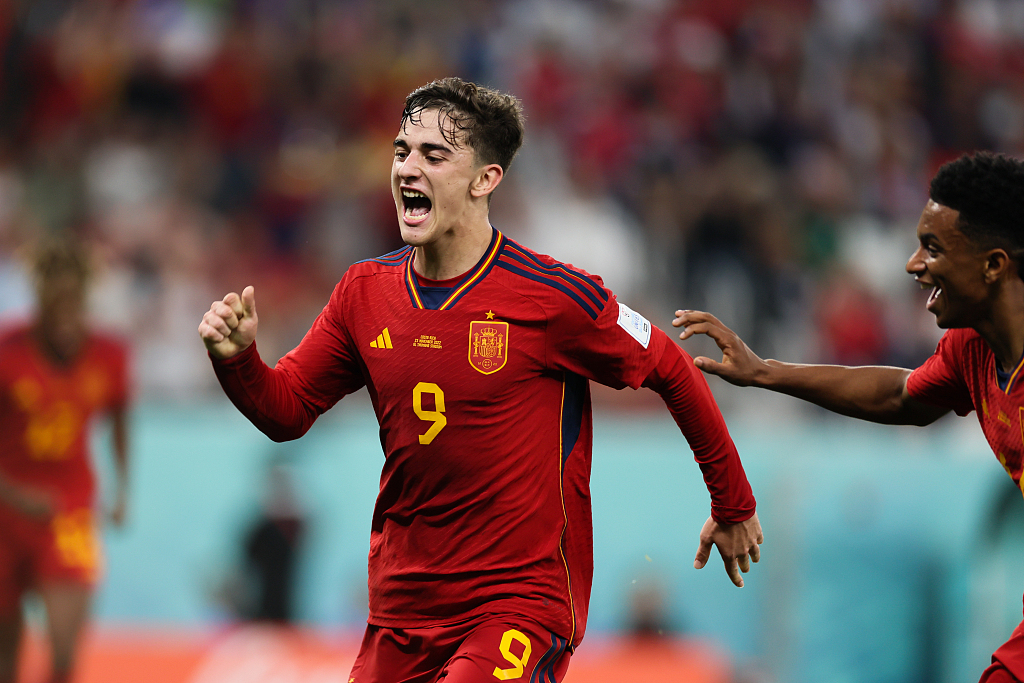 Gavi (#9) of Spain celebrates after scoring in the FIFA World Cup game against Costa Rica at Al Thumama Stadium in Doha, Qatar, November 23, 2022. /CFP 
