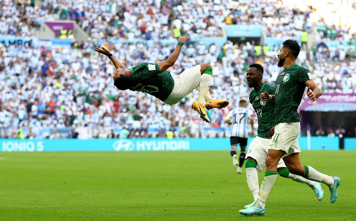 Saudi Arabia's Salem Al-Dawsari celebrates scoring his team's second goal with teammates against former champions Argentina at the World Cup in Qatar, November 22, 2022. /Reuters