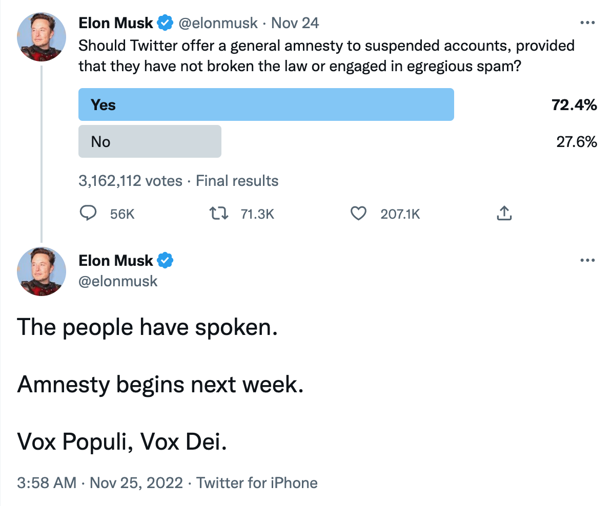 Musk to begin restoring previously banned Twitter accounts next week