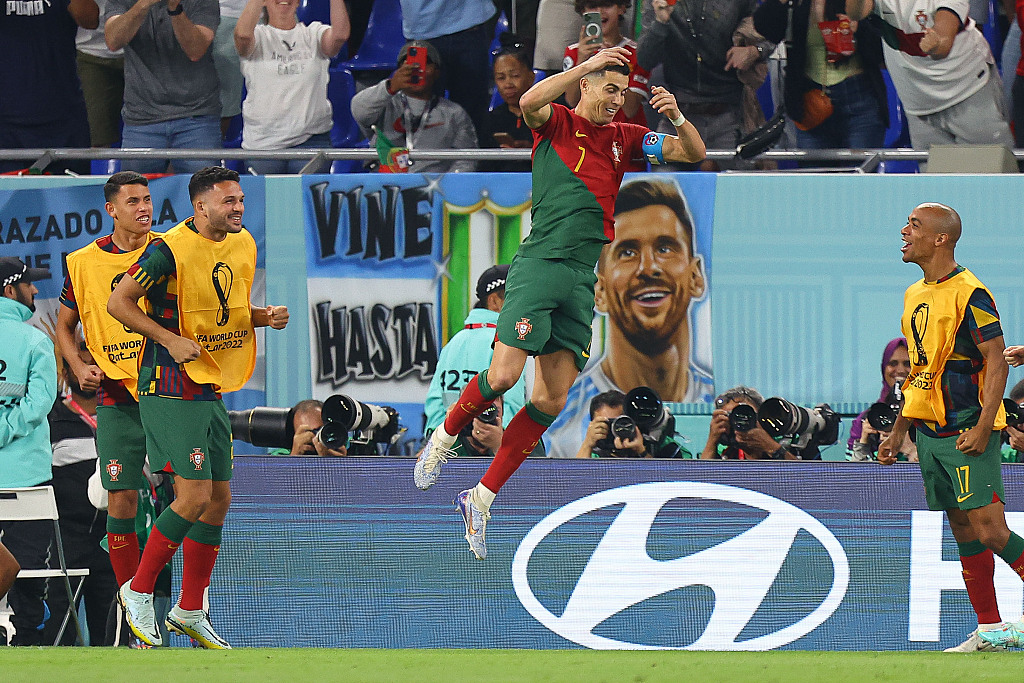 Cristiano Ronaldo of Portugal celebrates his historic goal during their World Cup group clash with Ghana at the Stadium 974 in Doha, Qatar, November 24, 2022. /CFP