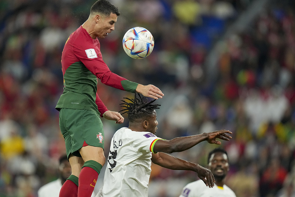 Cristiano Ronaldo of Portugal leapd hight to head the ball during their World Cup group clash with Ghana at the Stadium 974 in Doha, Qatar, November 24, 2022. /CFP