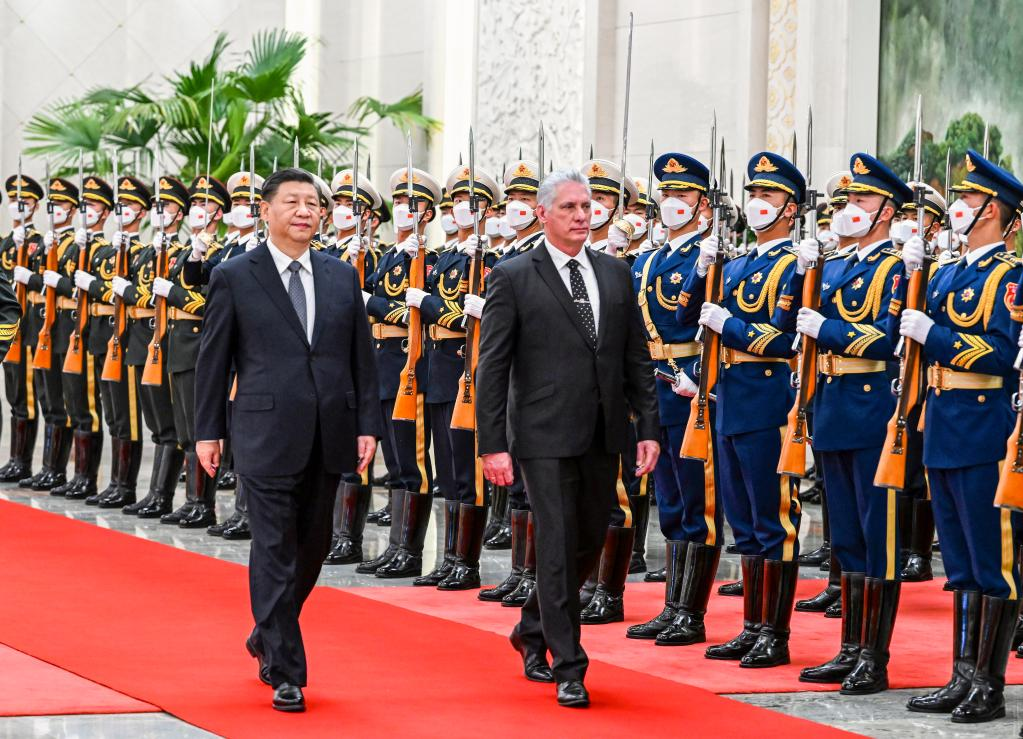 Xi Jinping, general secretary of the CPC Central Committee and Chinese president, holds a ceremony to welcome Miguel Diaz-Canel Bermudez, first secretary of the Central Committee of the Communist Party of Cuba and Cuban president, prior to their talks at the Great Hall of the People in Beijing, capital of China, November 25, 2022. /Xinhua
