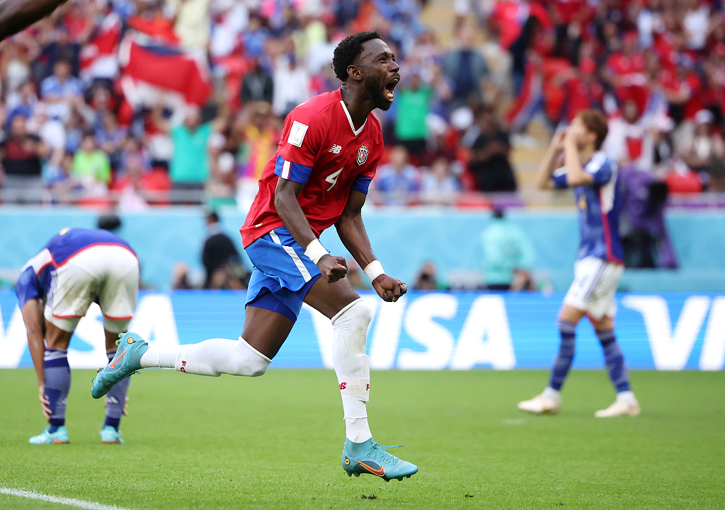 Keysher Fuller (#4) of Costa Rica celebrates after scoring a goal in the FIFA World Cup game against Japan at the Ahmad Bin Ali Stadium in Qatar, November 27, 2022. /CFP
