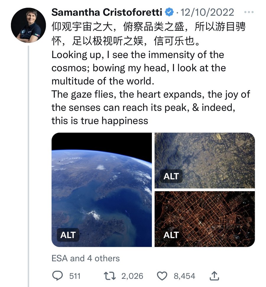 Screenshot of a tweet posted by Italian and European Space Agency (ESA) astronaut Samantha Cristoforetti on October 12, 2022. /@AstroSamantha