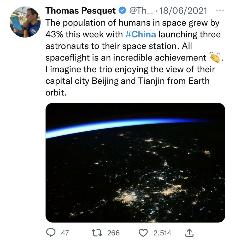 Screenshot of a tweet posted by French and ESA astronaut Thomas Pesquet on June 18, 2021. /@Thom_astro