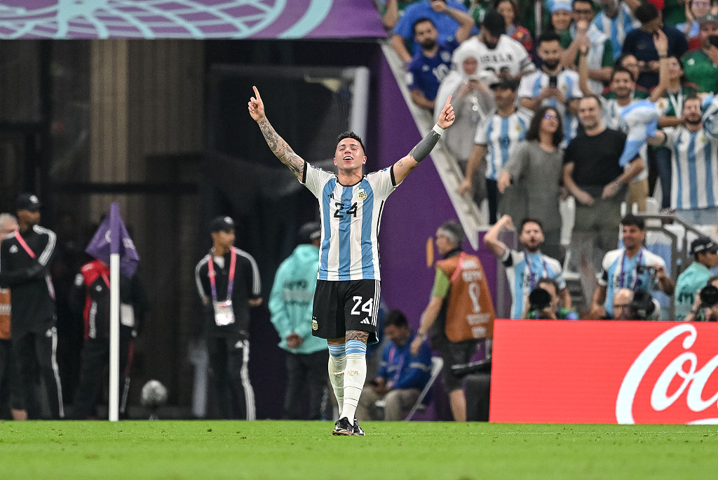 Enzo Fernandez of Argentina celebrates after scoring a goal in the FIFA World Cup game against Mexico at Lusail Stadium in Qatar, November 26, 2022. /CFP