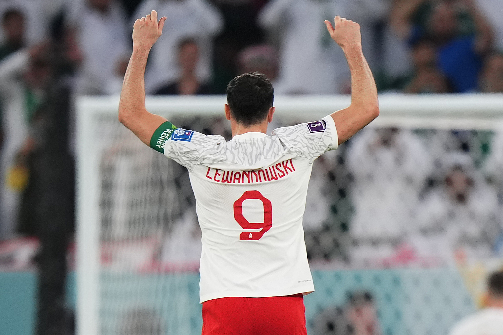 Robert Lewandowski of Poland celebrates after scoring a goal in the FIFA World Cup game against Saudi Arabia at Education City Stadium in Qatar, November 26, 2022. /CFP