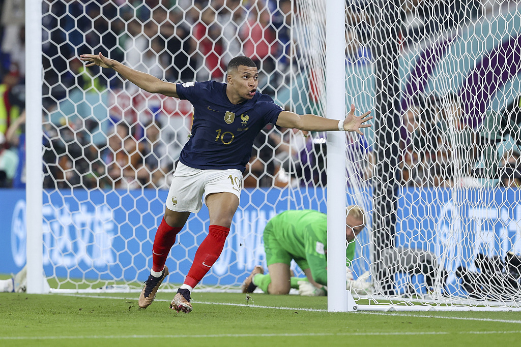 Kylian Mbappe of France celebrates scoring a goal against Denmark during the World Cup group match at Stadium 974 in Doha, Qatar, November 26, 2022. /CFP
