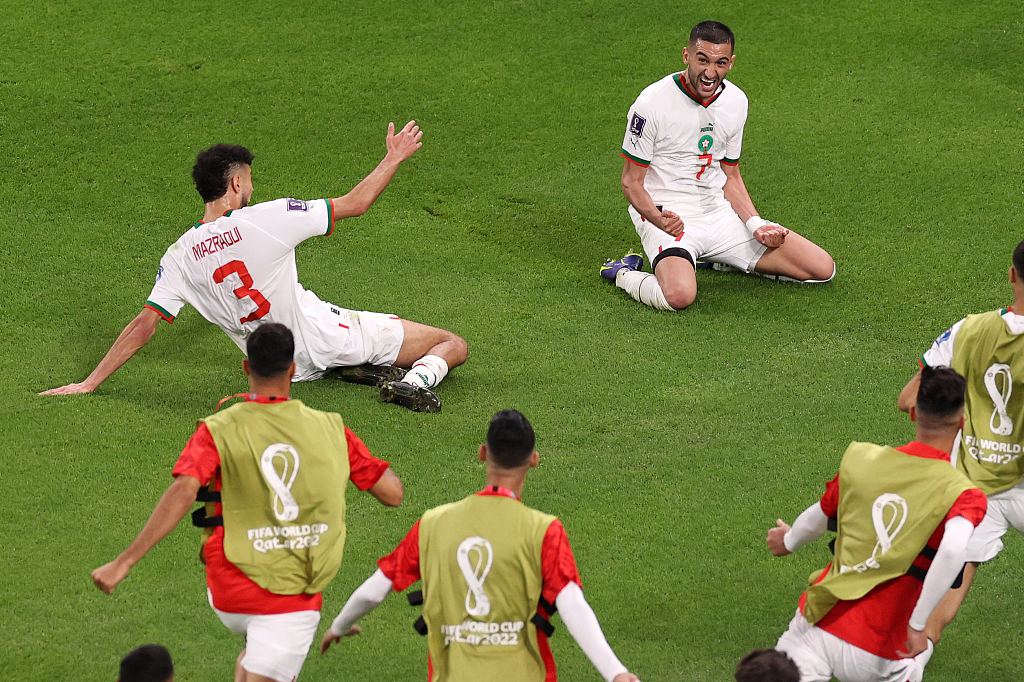 Team Morocco celebrate their second goal during the 2022 World Cup Qatar Group F match against Belgium in Doha, Qatar, November 27, 2022. /CFP