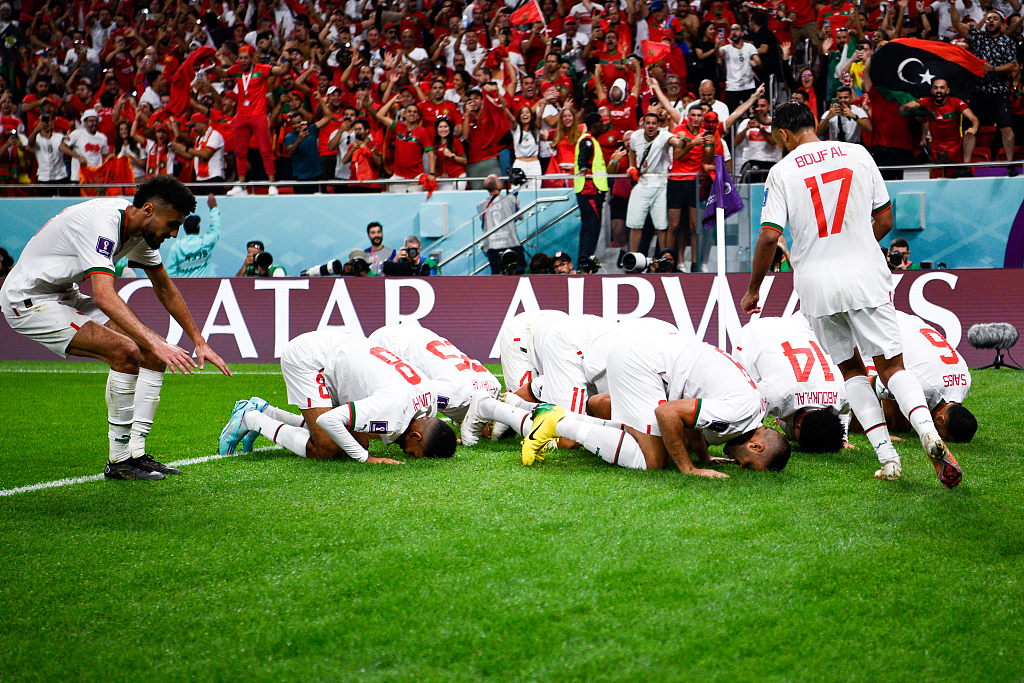 Players of Morocco celebrate after scoring a goal against Belgium in the FIFA World Cup game  at the Al Thumama Stadium in Doha, Qatar, November 27, 2022. /CFP