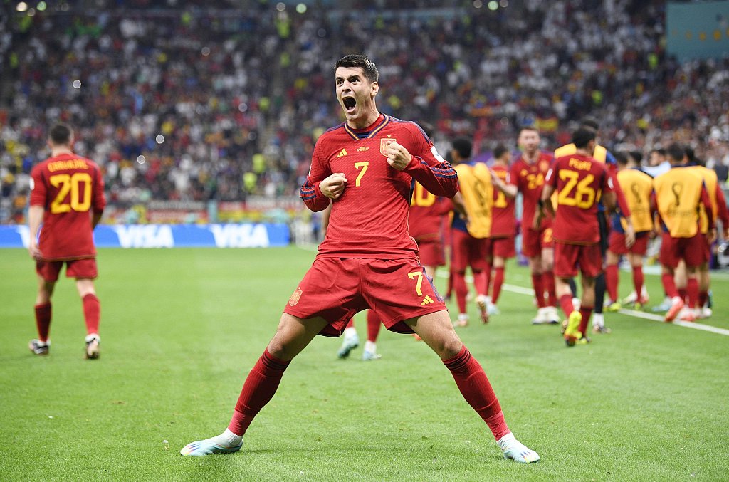 Alvaro Morata (#7) of Spain celebrates after scoring a goal in the FIFA World Cup game against Germany at Al Bayt Stadium in Qatar, November 27, 2022. /CFP