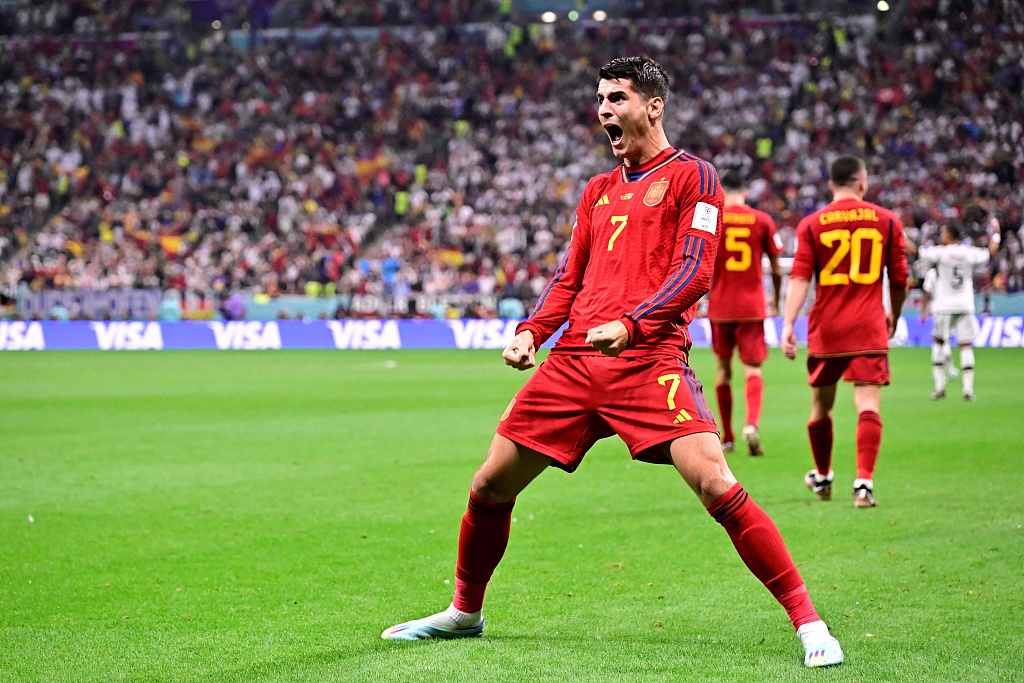 Spain's Alvaro Morata celebrates scoring the first goal during their World Cup clash with Germany at Al Bayt Stadium in Al Khor, Qatar, November 27, 2022. /CFP