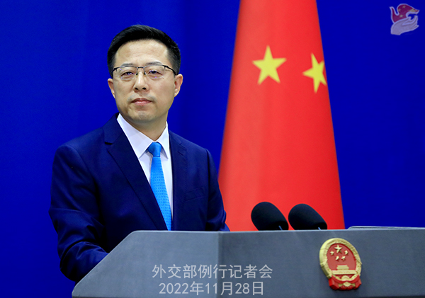 Chinese Foreign Ministry spokesperson Zhao Lijian at a regular press conference in Beijing, China, November 28, 2022. /Chinese Foreign Ministry