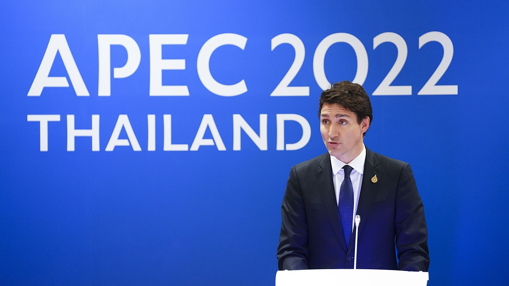 Canada's Prime Minister Justin Trudeau holds a press conference before leaving the Asia-Pacific Economic Cooperation summit in Bangkok, Thailand, November 18, 2022. /CFP