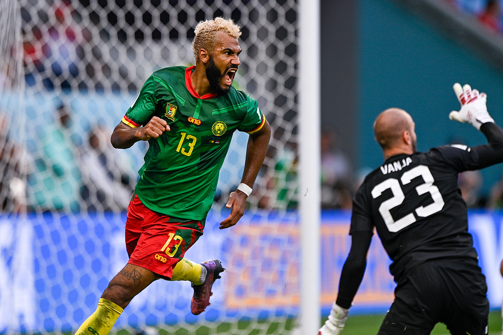 Eric Maxim Choupo Moting (#13) of Cameroon celebrates after scoring a goal in the FIFA World Cup game against Serbia at the Al Janoub Stadium in Qatar, November 28, 2022. /CFP