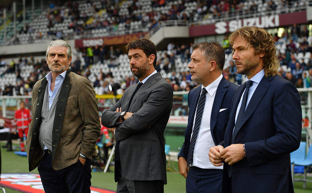 L-R: Juventus CEO Maurizio Arrivabene, Juventus President Andrea Agnelli, Juventus Sporting Director Federico Cherubini and Juventus Vice President Pavel Nedved during a Serie A match between Juventus and Torino FC at Stadio Olimpico di Torino in Turin, Italy, October 15, 2022. /CFP