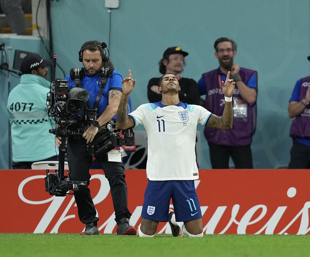 Marcus Rashford of England celebrates after scoring a goal in the FIFA World Cup game against Wales at the Ahmed bin Ali Stadium in Qatar, November 29, 2022. /CFP