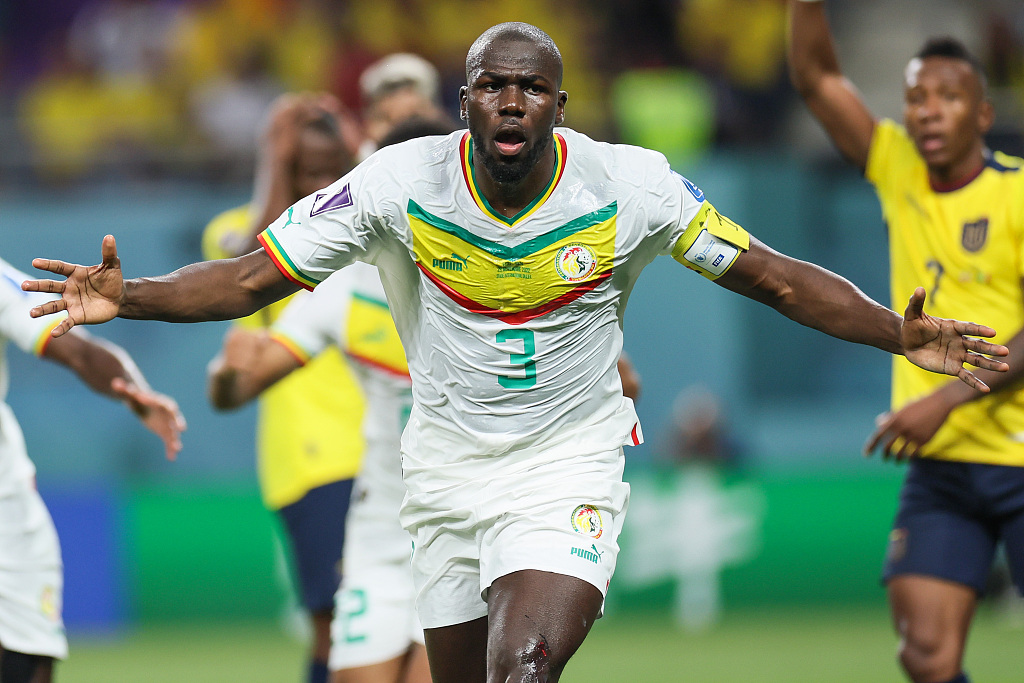 Kalidou Koulibaly (#3) of Senegal celebrates after scoring a goal in the FIFA World Cup game against Ecuador at the Khalifa International Stadium in Doha, Qatar, November 29, 2022. /CFP