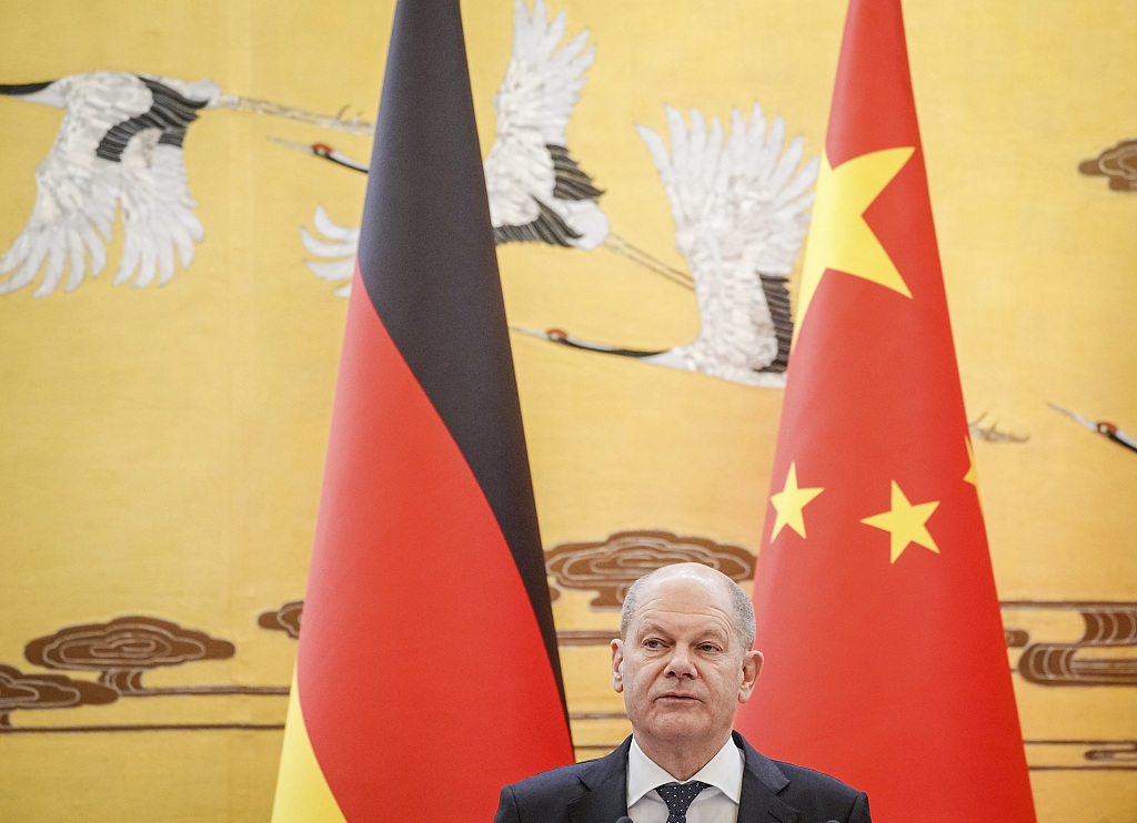 German Chancellor Olaf Scholz gives a press conference at the Great Hall of the People in Beijing during his visit to China, November 2022./VCG