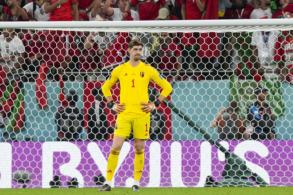 Goalkeeper Thibaut Courtois of Belgium looks on in the FIFA World Cup game against Morocco at Al Thumama Stadium in Doha, Qatar, November 27, 2022. /CFP 