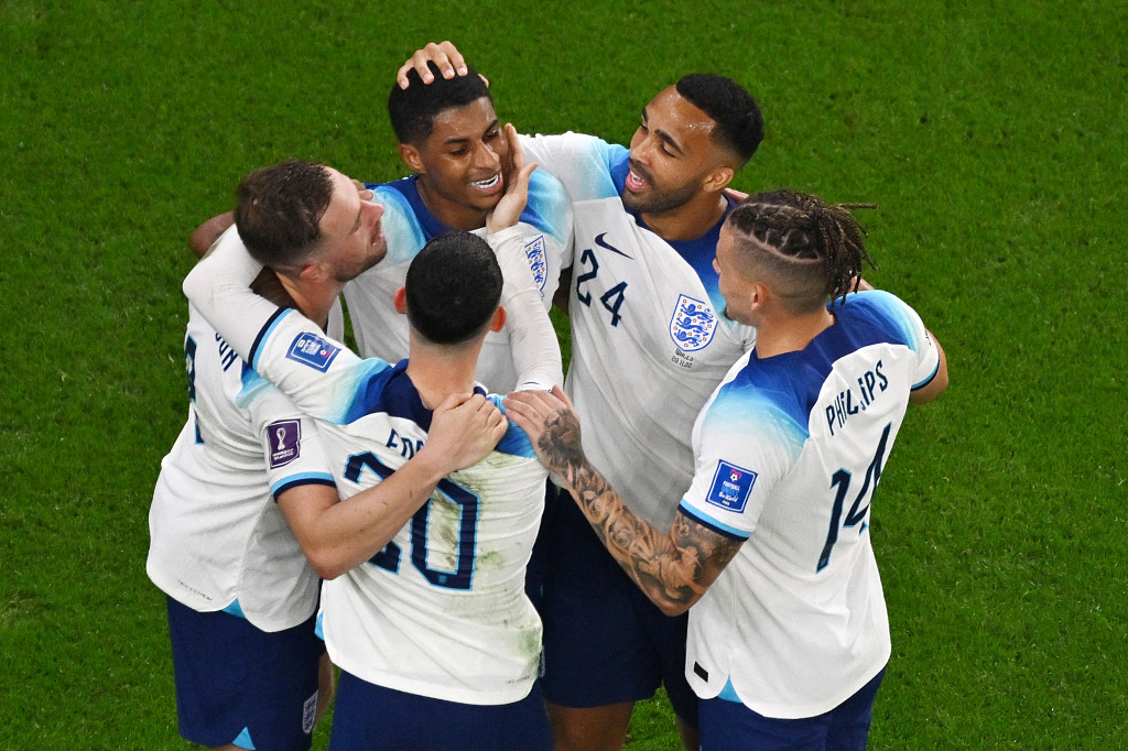 Team England celebrate during their World Cup Group B encounter with Team Wales in which England won 3-0 in Al-Rayyan, Qatar, November 29, 2022. /CFP
