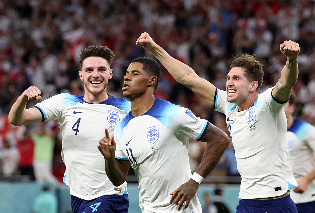 Marcus Rashford (C) of England celebrates after scoring their team's first goal against Wales during their World Cup Group B match in Doha, Qatar, November 29, 2022. /CFP