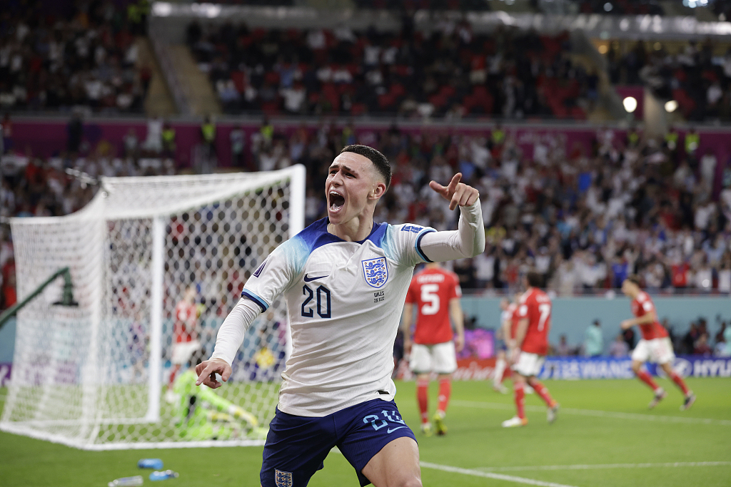Phil Foden of England celebrates a goal during their World Cup match with Wales at the Ahmad bin Ali Stadium in Doha, Qatar, November 29, 2022. /CFP