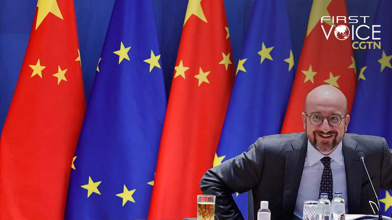 European Council President Charles Michel at EU-China summit via video-conference at the European Council building in Brussels, April 1, 2022. /CFP

