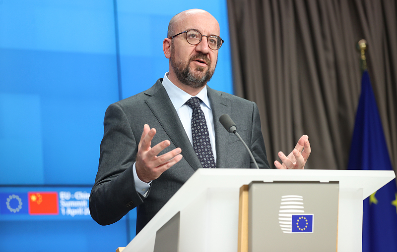 European Council President Charles Michel addresses a press conference after EU-China Summit held via videoconferencing in Brussel, Belgium, April 1, 2022. /CFP
