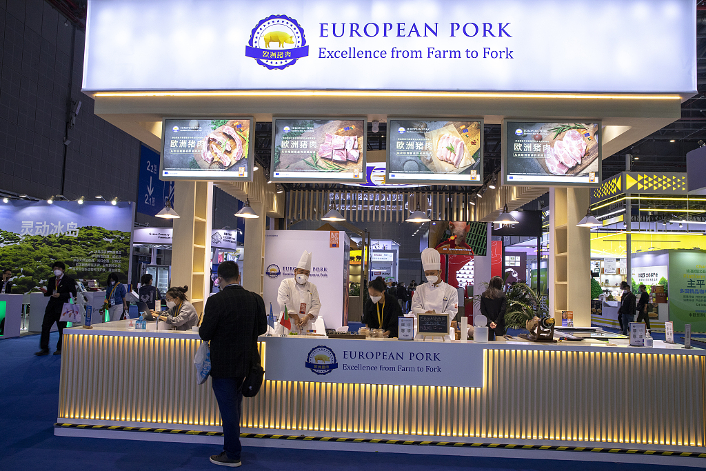 The booth of European Pork at the food and agricultural products exhibition area during the fifth China International Import Expo in Shanghai, China, November 10, 2022. /CFP