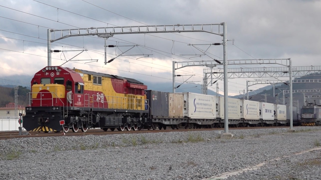 A freight train runs on the China-Laos Railway. /CGTN