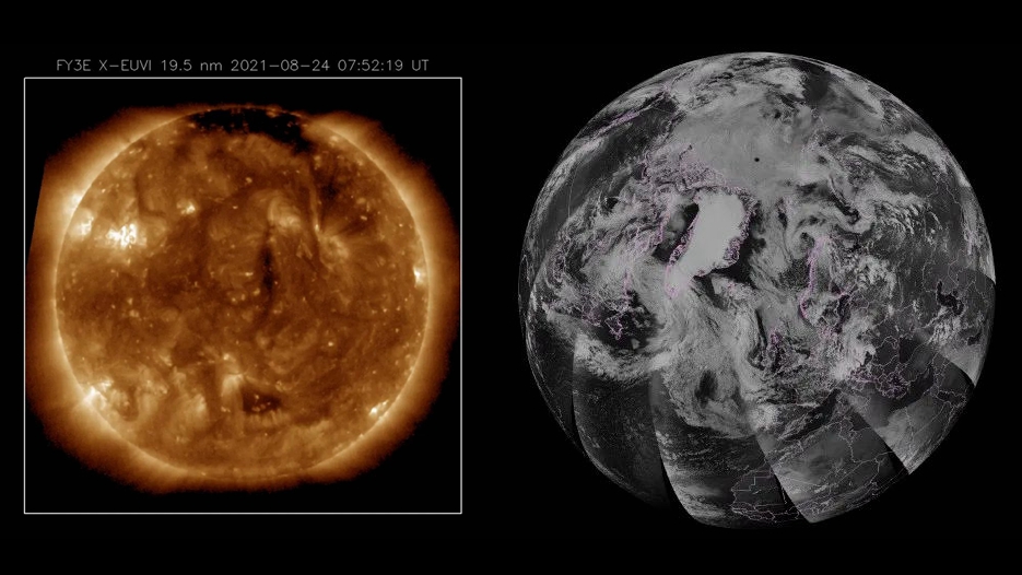 Images of the sun (L) and the Earth (R) captured by FY-3E satellite. /National Satellite Meteorological Center