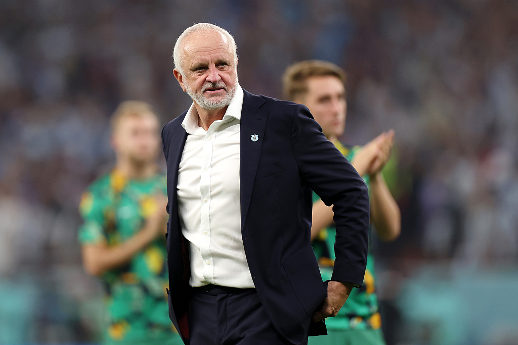 Graham Arnold, manager of Australia, looks on after the 2-1 loss to Argentina in the FIFA World Cup Round of 16 game at Ahmad Bin Ali Stadium in Doha, Qatar, December 3, 2022. /CFP 