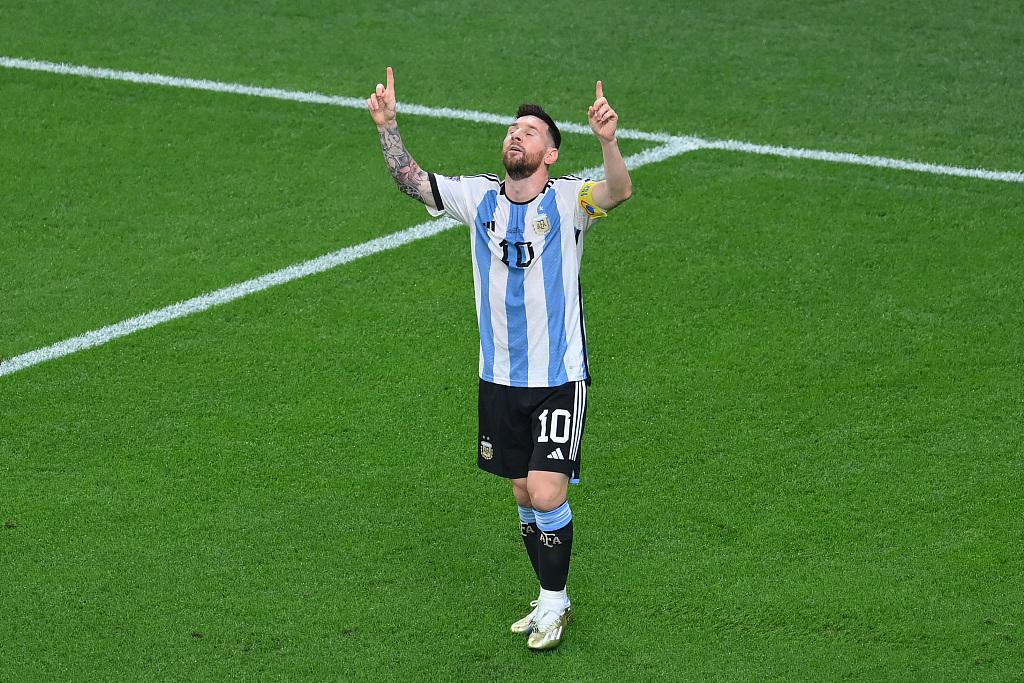 Lionel Messi of Argentina reacts after scoring a goal against Australia during the World Cup match in Doha, Qatar, December 3, 2022. /CFP