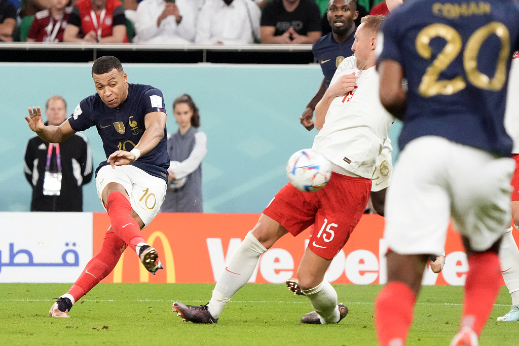Kylian Mbappe (#10) of France shoots to score in the FIFA World Cup Round of 16 game against Poland at Al Thumama Stadium in Doha, Qatar, December 4, 2022. /CFP