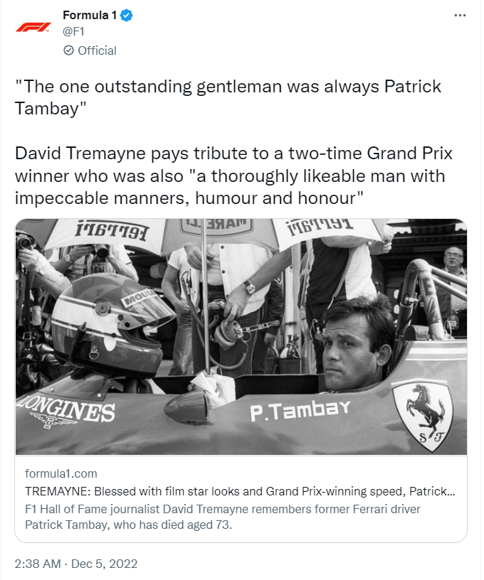 F1's tweet on December 5 about the tribute to Patrick Tambay. /@F1