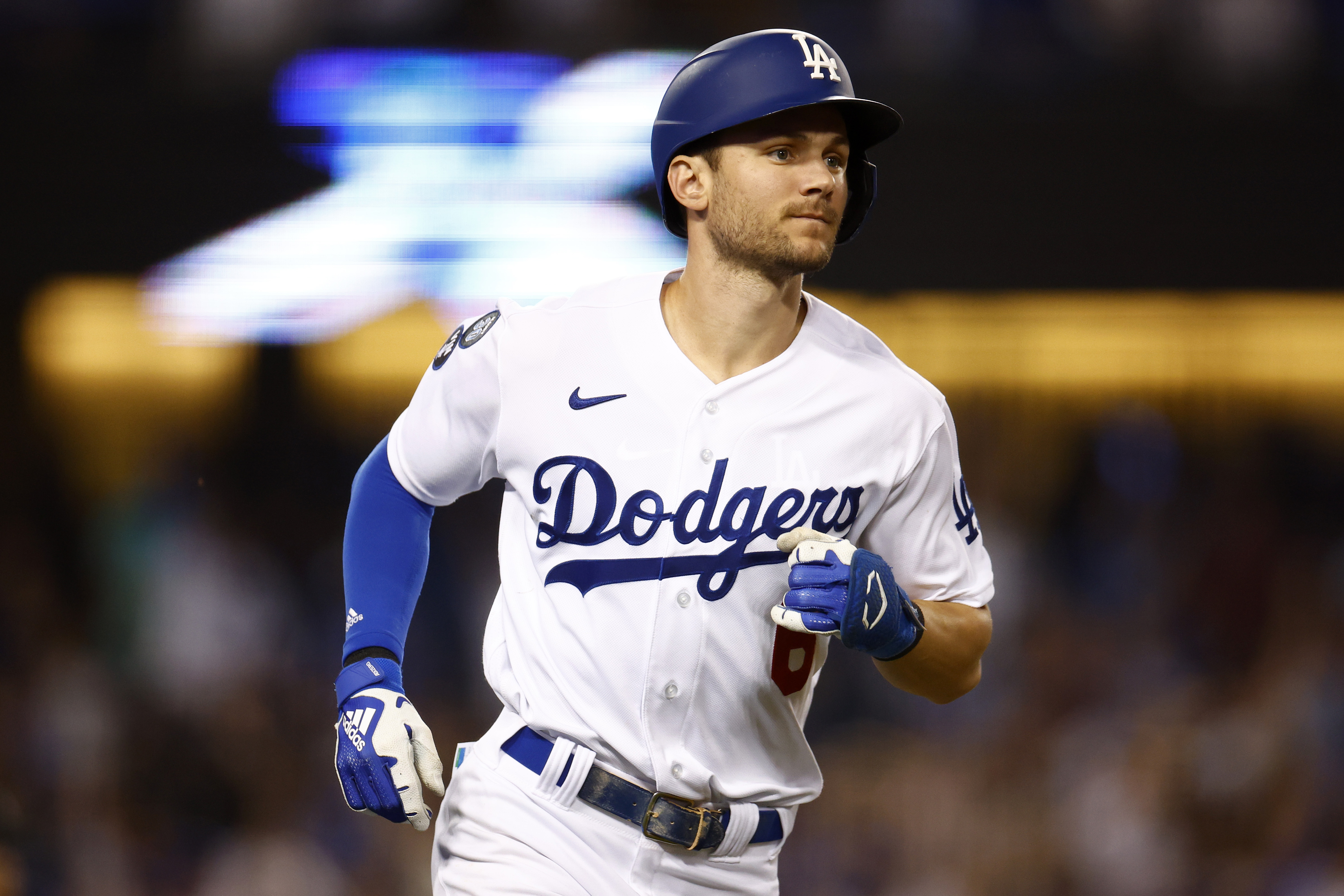 Shortstop Trea Turner of the Los Angeles Dodgers looks on during the third inning in Game 2 of the National League Division Series against the San Diego Padres at Dodger Stadium in Los Angeles, California, October 12, 2022. /CFP 