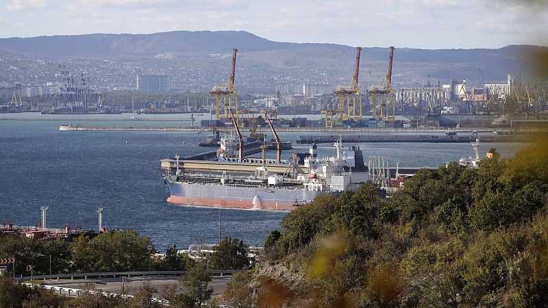 An oil tanker is moored at the Sheskharis complex in Novorossiysk, Russia, October 11, 2022. /CFP