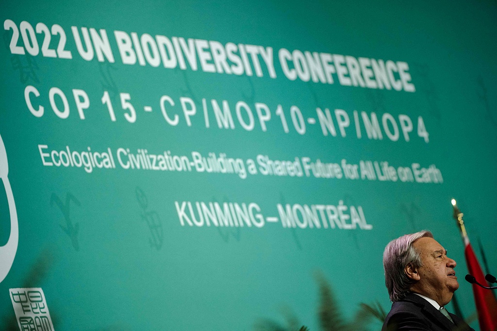United Nations Secretary General Antonio Guterres speaks during the opening ceremony of the United Nations Biodiversity Conference (COP15) at Plenary Hall of Montreal Convention Centre in Montreal, Quebec, Canada, on December 6, 2022. /VCG