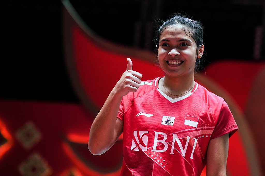 Gregoria Mariska Tunjung of Indonesia celebrates the victory in the women's singles match at the BWF World Tour Finals in Bangkok, Thailand, December 7, 2022. /CFP
