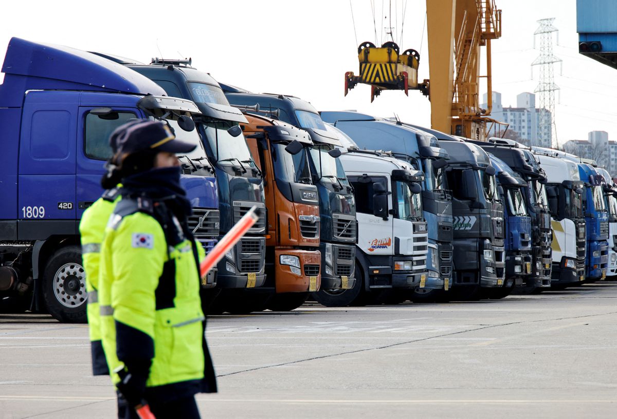 Parked trucks at a terminal of the Inland Container Depot in Uiwang, South Korea. /CFP