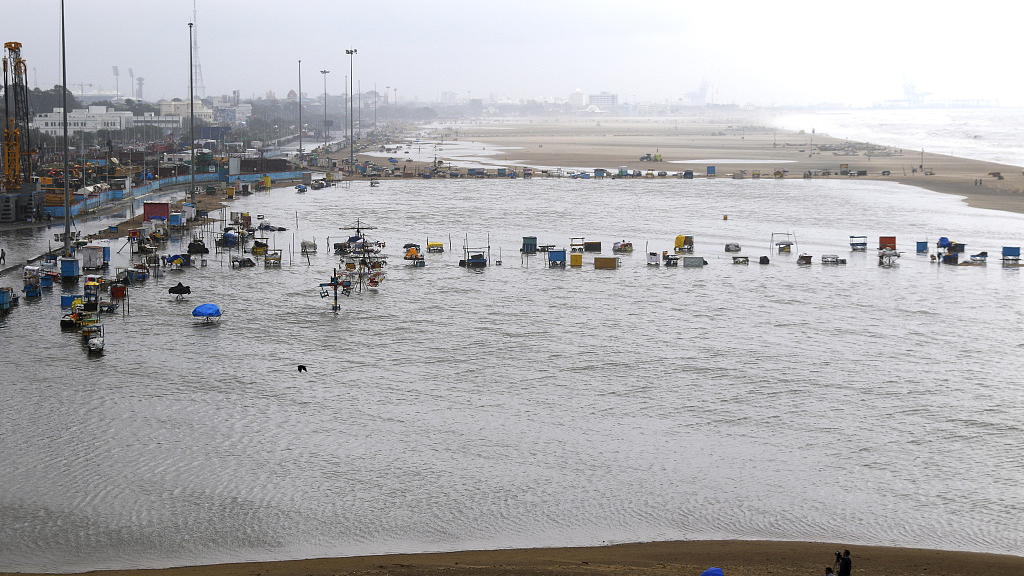 Sea water covers the beach and the adjoing areas after the Cyclone Mandous landfall in Chennai, India, December 10, 2022. /CFP