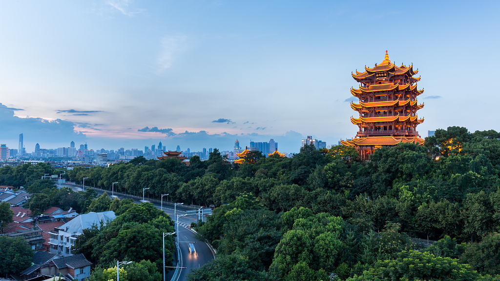 Live: Wuhan's Yellow Crane Tower with floating clouds and sunlit trees