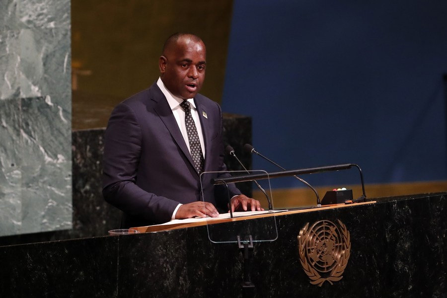 Dominican Prime Minister Roosevelt Skerrit addresses the General Debate of the 72nd session of the United Nations General Assembly at the UN headquarters in New York, September 23, 2017. /Xinhua