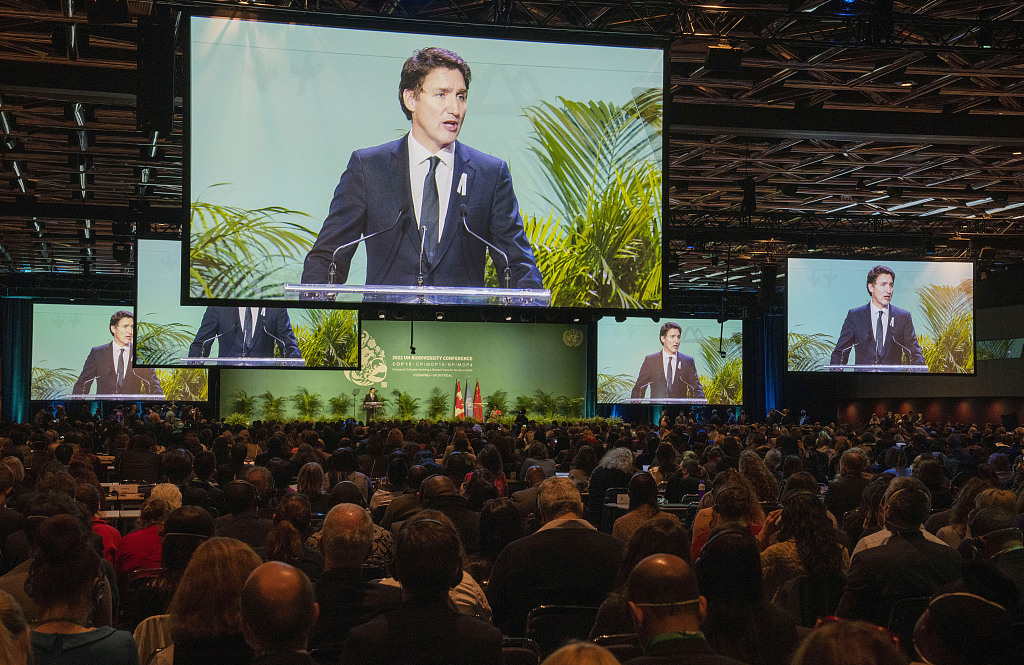 Canadian Prime Minister Justin Trudeau delivers remarks during the opening ceremony of the second part of the 15th meeting of the Conference of the Parties to the UN Convention on Biological Diversity in Montreal, Canada, December 7, 2022. /CFP