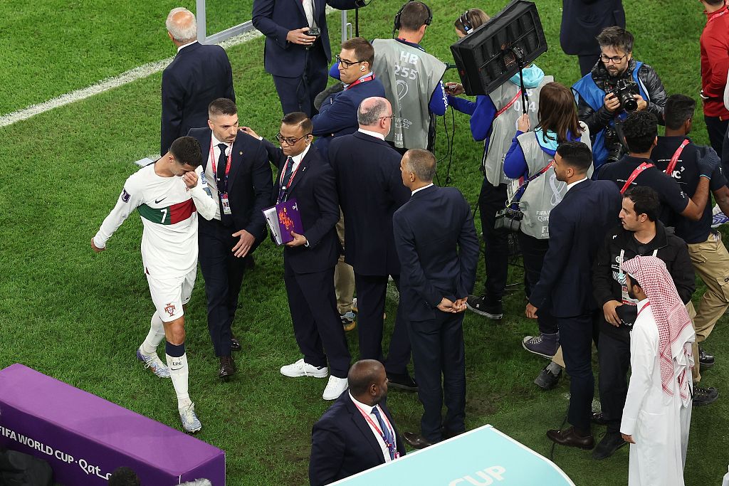 Cristiano Ronaldo (#7) is caught wiping his tears after their World Cup loss to Morocco at Al Thumama Stadium in Doha, Qatar, December 10, 2022. /CFP