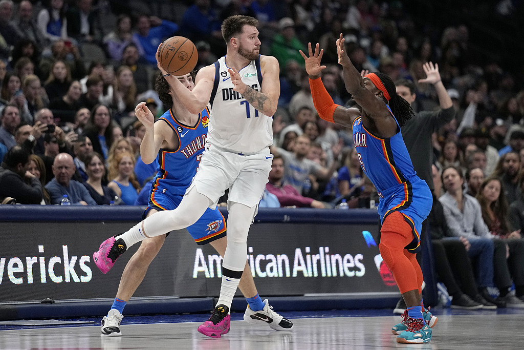 Luka Doncic (L) of the Dallas Mavericks passes in the game against the Oklahoma City Thunder at the American Airlines Center in Dallas, Texas, December 12, 2022. /CFP